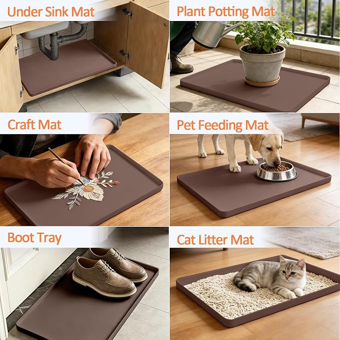 Silicone Coffee Maker Mat with Lip for Countertops, 15.7'' x 11.8'', Brown | Multi leak-proof coffee tray for countertop, non-slip silicone mat fits most coffee makers & espresso machines, wipe-clean