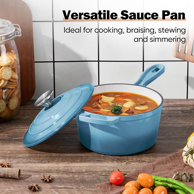 Homikit Small Cast Iron Pot, 2 QT Enameled Cast Iron Sauce Pan with Lid, Heavy Duty Enamel Dutch Oven Kitchen Cookware for Making Pasta, Boiling Soup, Warming Milk, Nonstick & Oven Safe, Sky Blue