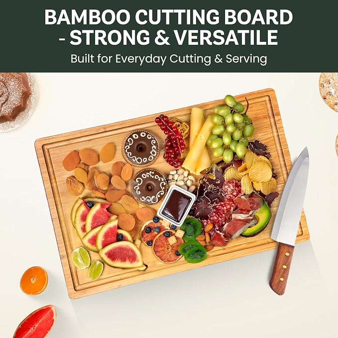 Bamboo Cutting Board for Kitchen - 17" Large Wooden Cutting Board, Heavy Duty Chopping Board with Side Handles, Deep Juice Groove, Reversible Charcuterie & Cheese Board for Meat and Serving