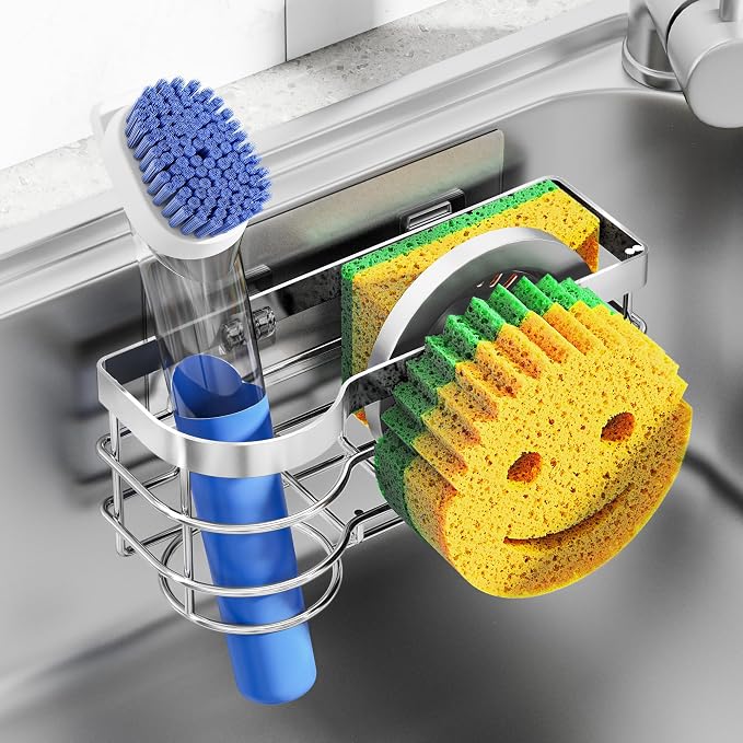 Cisily Smiley Sponge Holder for Kitchen Sink Caddy | Stainless Steel Movable Brush Holder Dish Cloth Hanger, Suction Cup Sink Caddy Organizer Scrubber Accessories (Silver)