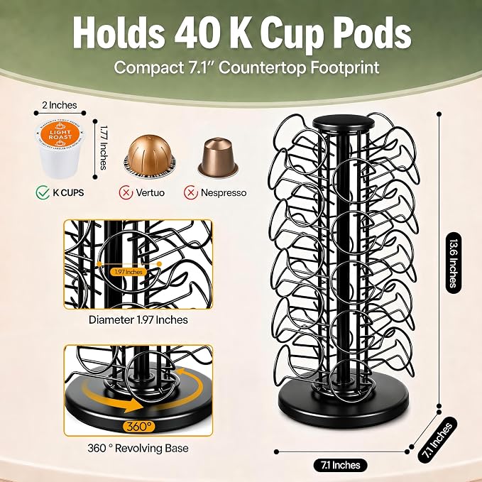 Coffee Pod Holder for 40 Pods, K Cup Holder Organizer with Weighted Base | Heavy-Duty Steel,Smooth & Quiet 360°Rotation,Easy Access,No Assembly Required,Space-Saving for Coffee Stations & Countertops