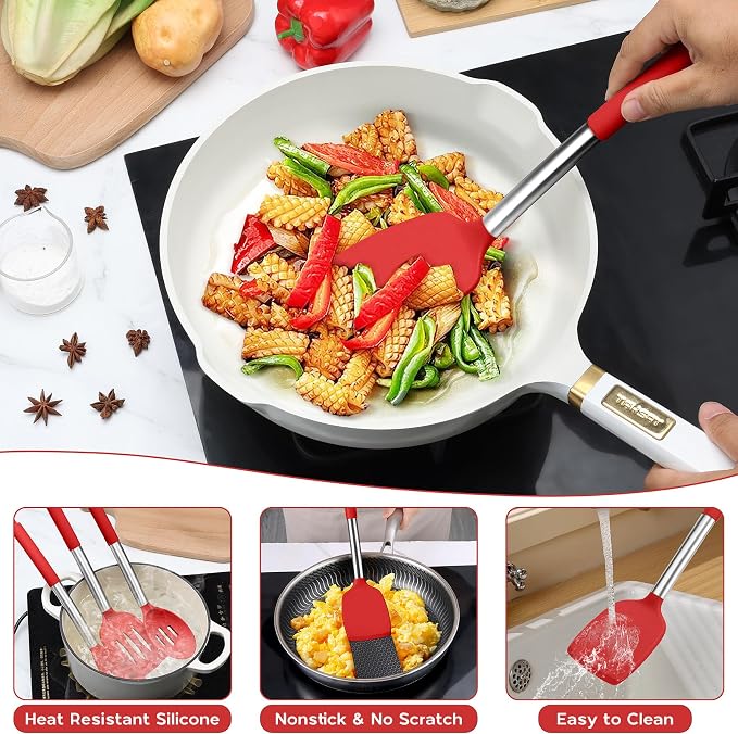 Onader 10 Pieces Silicone Kitchen Utensils Set, Cooking Utensils with Holder and Heat Resistant Stainless Steel Handle for Nonstick Cookware -Red