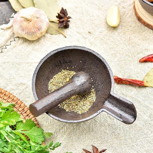 Sungmor Cast Iron 3.9 Inches Mortar with Pour Spout and 3.9 Inches Pestle | Small Heavy Duty Black Spice Grinder Set,Rustic Useful Kitchen Tools for Grinding Spices, Herbs, Nuts and Pesto