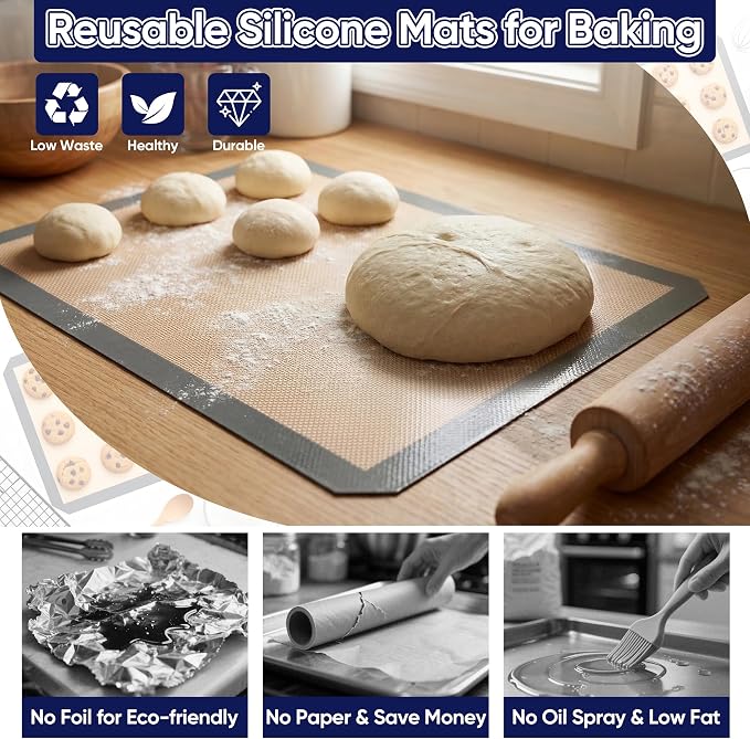 E-far Silicone Baking Mats, 11.5x8.7” Nonstick Reusable Silicone Mat for Kitchen Oven Baking Cookie Bread Pastry, 2Pcs Food Grade Rectangle Silicon Baking Sheet, Heat-Resistant & Easy Clean, Gray