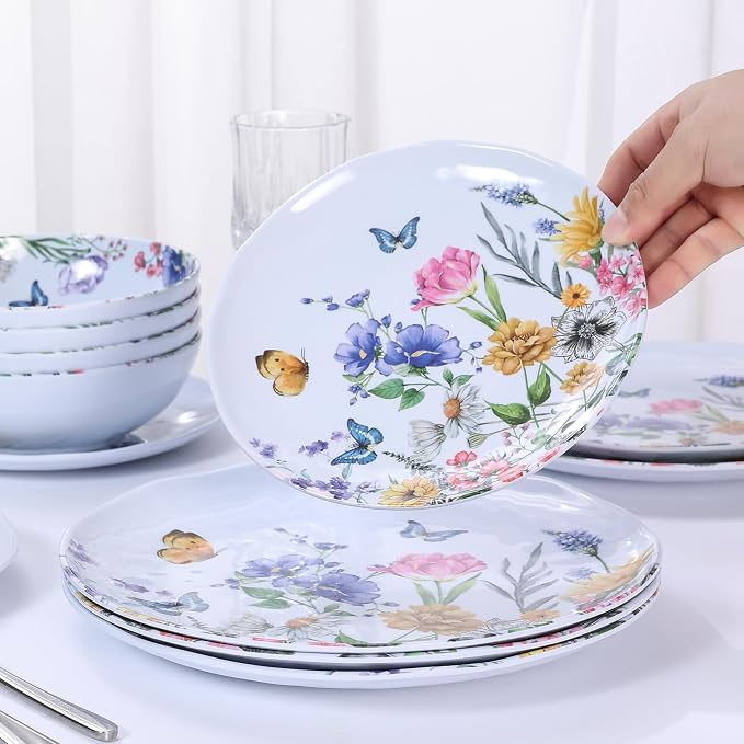 12 Piece Melamine Dinnerware Sets - Plates And Bowls Sets Floral | Dinnerware Sets- Spring Camping Dishs Indoor Outdoor Use,Flowers And Butterflies Pattern Tableware Lightweight Service for 4