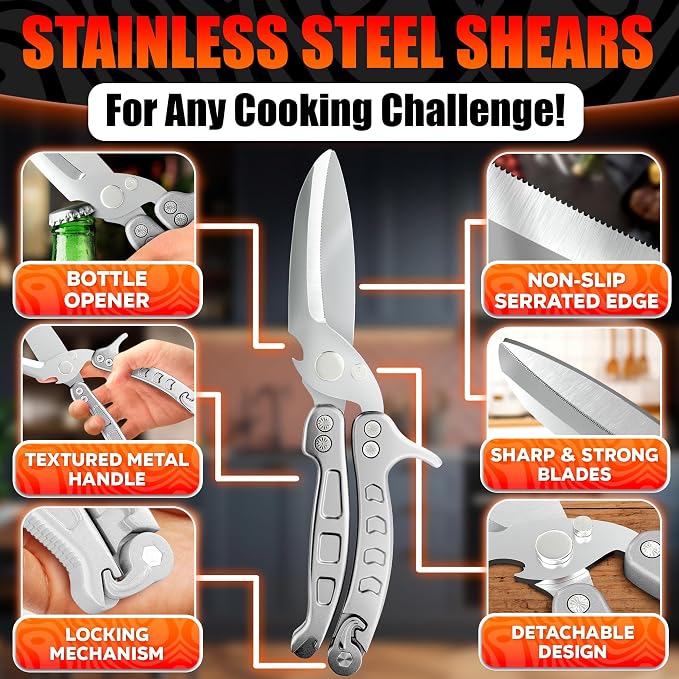 Kitchen Shears Heavy Duty, Safety Lock, Stainless Steel (Silver) | Poultry Shears for Chicken, Turkey, Spatchcock, Fish; Bone Cutting Scissors, Micro-Serrated, Spring-Loaded, Separate to Clean