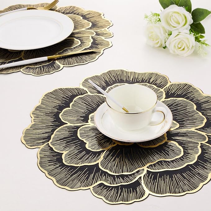 Evevda Placemats Set of 6 Gold Flower Placemats for Dining Table | Round Pressed Vinyl Metallic Table Mats 15 Inch for Home Kitchen Wedding Holiday Party Decoration
