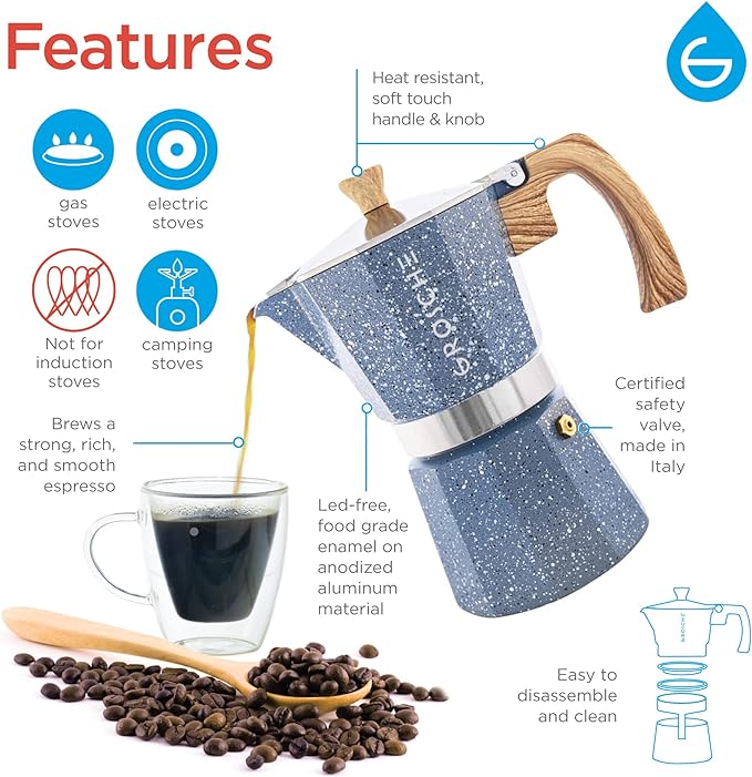 GROSCHE Milano Moka pot, Stovetop Espresso maker, Greca Coffee Maker, Stovetop coffee maker and espresso maker percolator (Indigo, 9 cup) | Cuban Coffee Maker And Italian Moka Pot For Stovetop Espresso; For Gas, Electric, And Propane Stoves With A Soft...