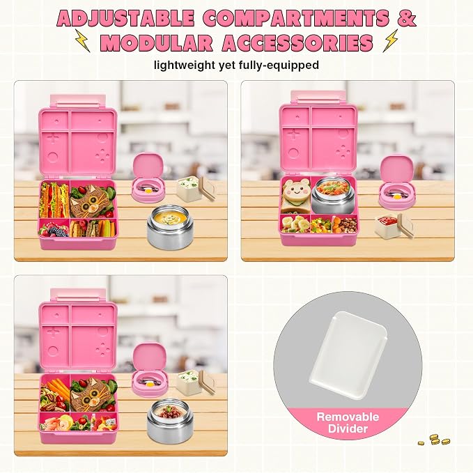 Game Bento Box for Kids, Lunch Box with Thermo(9oz Food Jar), Folding Spoon, Removable Divider & Sauce Cup, Lunch Box Kids for School,Travel, BPA-Free & Realistic Shape (Pink)