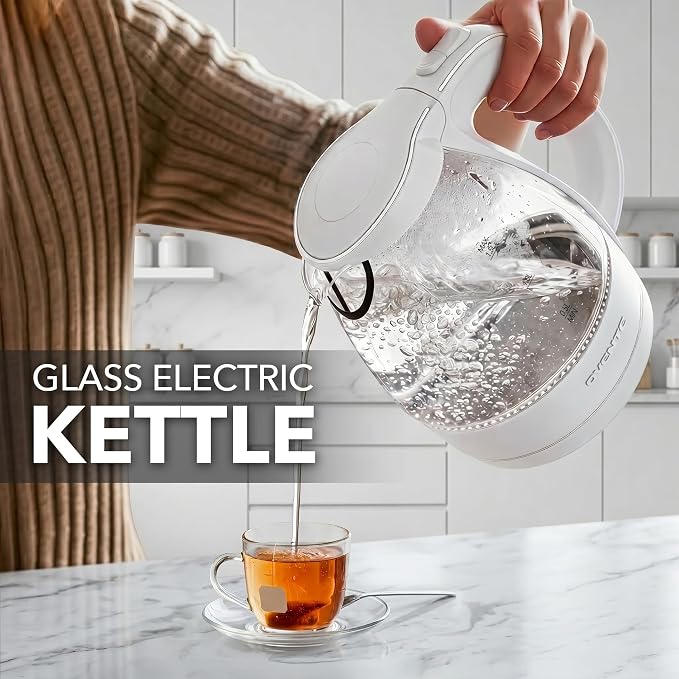 OVENTE 1.5L Glass Electric Kettle Water Boiler, White KG83W | 1100W Fast Boiling, Borosilicate Glass, BPA-Free, Blue LED, Auto Shut-Off, Boil-Dry Protection, Removable Filter, 360° Base