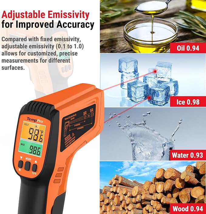 TempPro TempScan Infrared Thermometer Gun with 2 Laser for Pizza Oven Grill | 16:1 D:S Ratio Temperature Gun for Cooking HVAC Engine, Laser Thermometer Gun with Adjustable Emissivity Temp Gun -58℉-1022℉