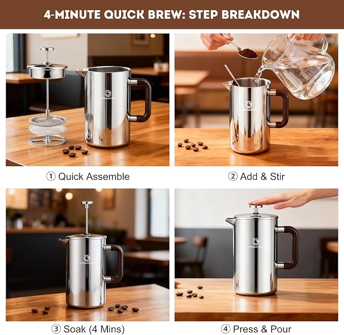 TOMAKEIT 1L/34 Oz French Press Coffee Maker,304 Stainless Steel Coffee Press,Durable & Easy Clean,Leak-Proof Design,Prensa Francesa Para Cafe for Home,Office,Camping (Silver-Upgrade)