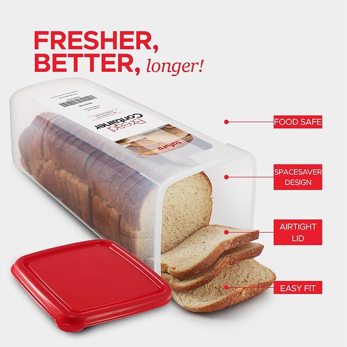 Tafura Bread Container, Airtight BPA-Free Bread Storage Box, Red Lid | Silicone-sealed lid helps reduce air exposure to maintain texture and flavor for longer.