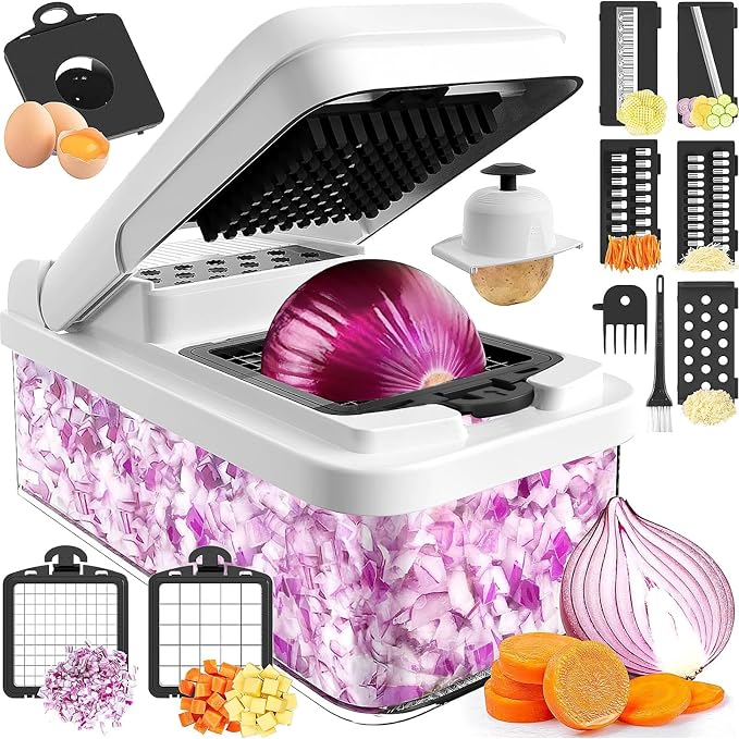 MealHelper 12-in-1 Vegetable Chopper, Food Veggie Chopper With Container | Kitchen Prep Tool, Cheese Grater, Home Essentials & Kitchen Gadgets, with Sharp Stainless Steel Blades(7 Blades, Black)