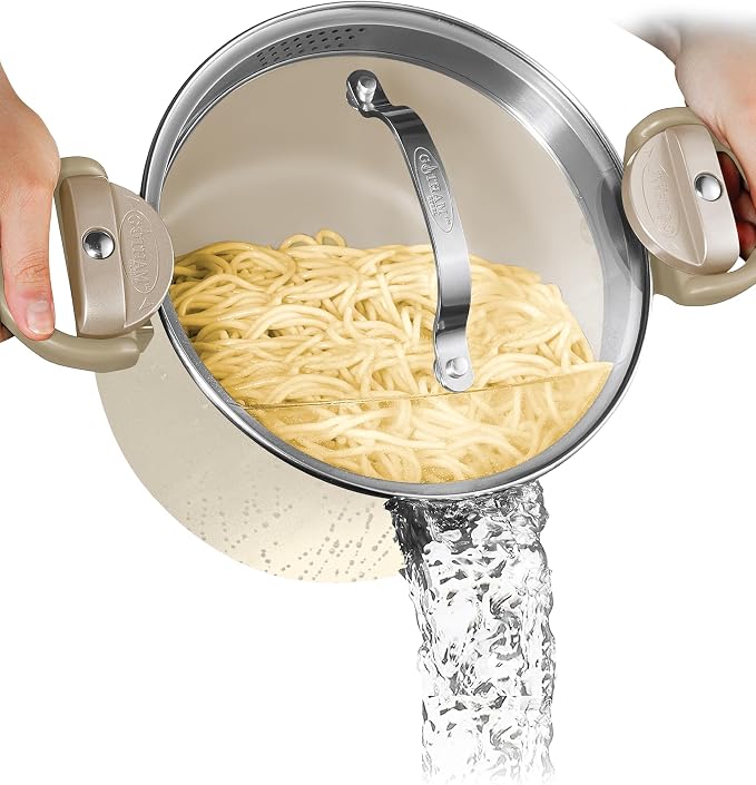 GOTHAM STEEL 5 Qt Stock Pot Multipurpose Pasta Pot with Strainer Lid | Twist and Lock Handles, Non Toxic Ceramic Non Stick Coating, for Cooking Soup, Spaghetti, Rice, Dishwasher Safe - Cream