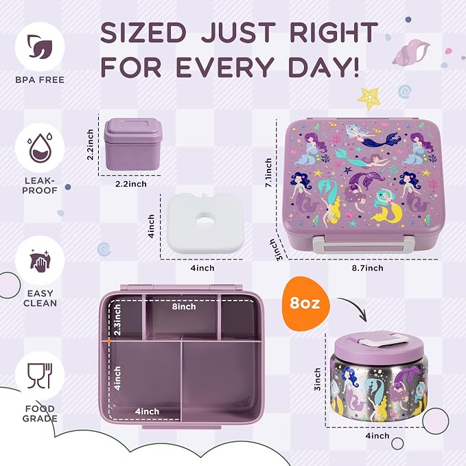 Kids Bento Lunch Box with 8oz Thermo, Ice Pack & Dividers for School | Food Container 5 Compartments,Insulated Food Jar,Keep Warm&Cold,Removable Dividers,Leak-Resistant,BPA-Free,Easy to Clean