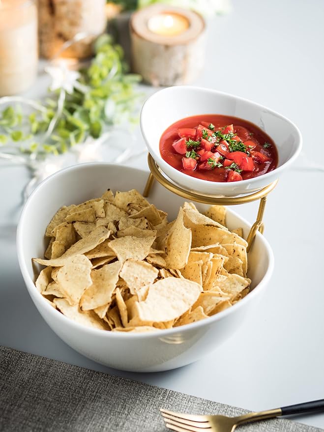 Miamolo 2 Tier Serving Bowl Set and Removable Rack for Chip and Dip | Ceramic Serving Dishes Set with 2 Compartment, for Snacks, Appetizer, Salad, Fruit | Microwave & Dishwasher Safe, Gold Stand