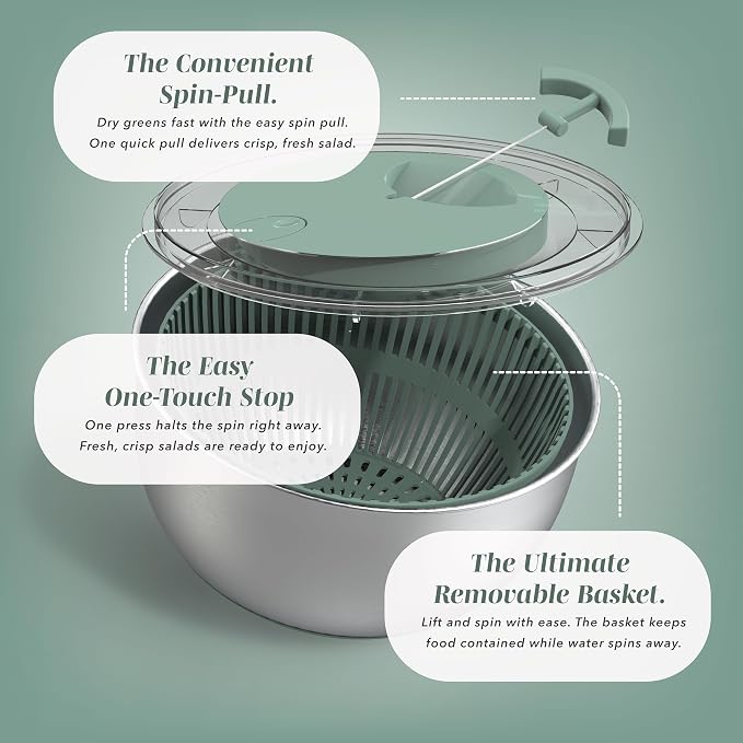 COOK WITH COLOR Stainless Steel Salad Spinner - 5 Qt. Lettuce Washer And Vegetable Spinner Dryer for Easy Salad Prep - Non Slip Base with Pull Handle - Auto Stop Brake System, Stain and Odor Resistant