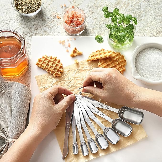 Spring Chef Nesting Stainless Steel Measuring Spoons Set of 13 with Leveler | Rectangular Metal Teaspoon & Tablespoon Measuring Spoons for Dry & Liquid Ingredients, Fits in Spice Jars, Long Handle
