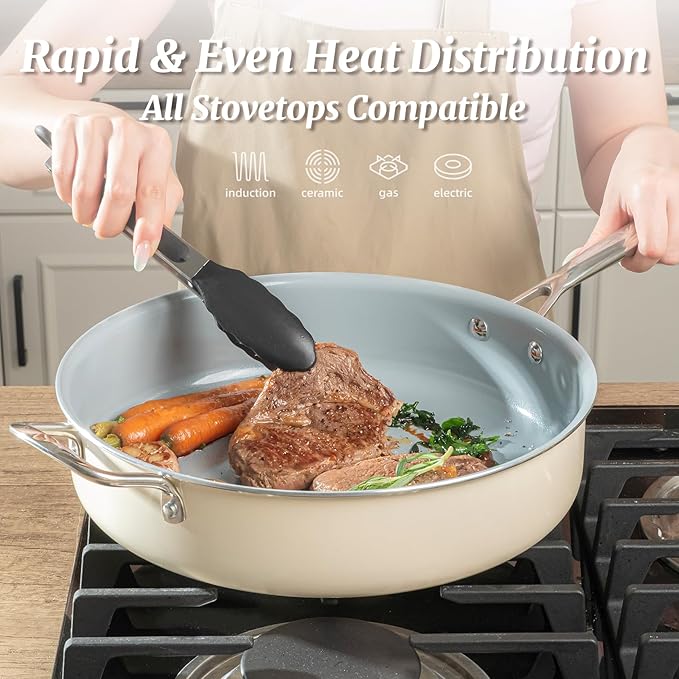 Nonstick Sauté Pan with Lid 5 QT Deep Frying Pan with Stainless Steel Handle 12 inch Large Skillet Ceramic Jumbo Cooker for Cooking Induction Compatible Frying Pan, Cream White