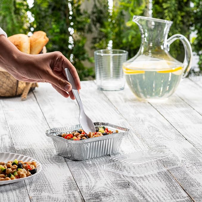 GUSTO 1 lb Disposable Aluminum Foil Takeout Pans with Clear Dome Lids, 5" x 4" – [100 Count] Great for Baking, Cooking, Storage, and Freezing (Formerly Comfy Package)