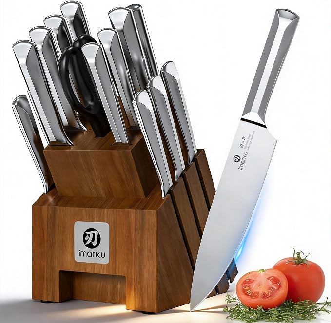 imarku 16PCS Stainless Steel Knife Set, Full Tang Design with Wooden Block | Knife Set With Block And Sharpener, High Carbon Stainless Steel Blades, Ergonomic Non-Slip Handles, Dishwasher Safe Design