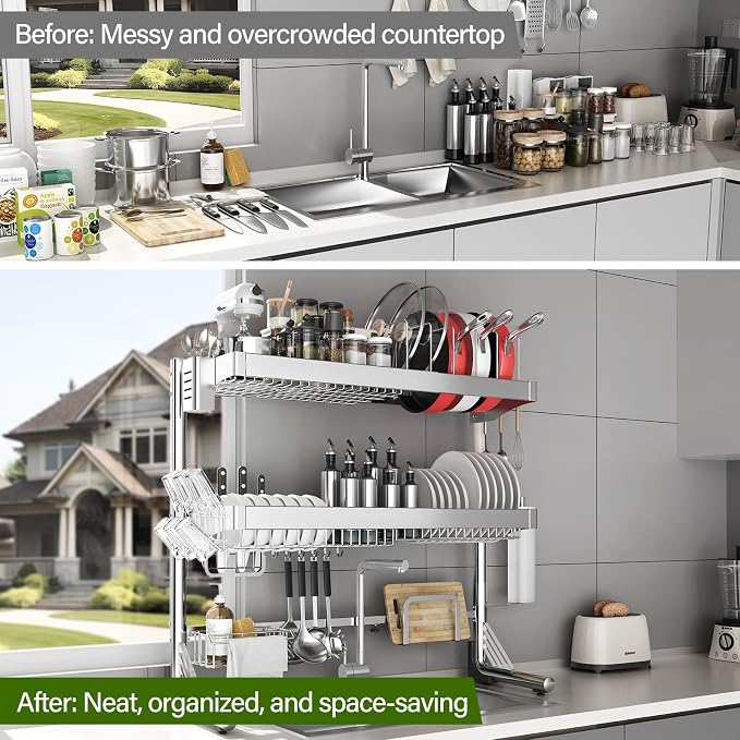 Over The Sink Dish Drainer Drying Rack 3 Tier, Full Stainless Steel Dish Drying Rack Adjustable Length 20.9''-37.4'' , Kitchen Sink Shelf, Organized Space-Saving Dish Rack with Pots and Pans Rack