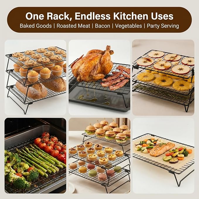 3 Pcs Cooling Rack, Stainless Steel Cooling Racks for Cooking and Baking | Bread Cake Cookie Stackable Cooling Racks 10"x13.5", Oven and Dishwasher Safe, 50 Parchment Paper Included