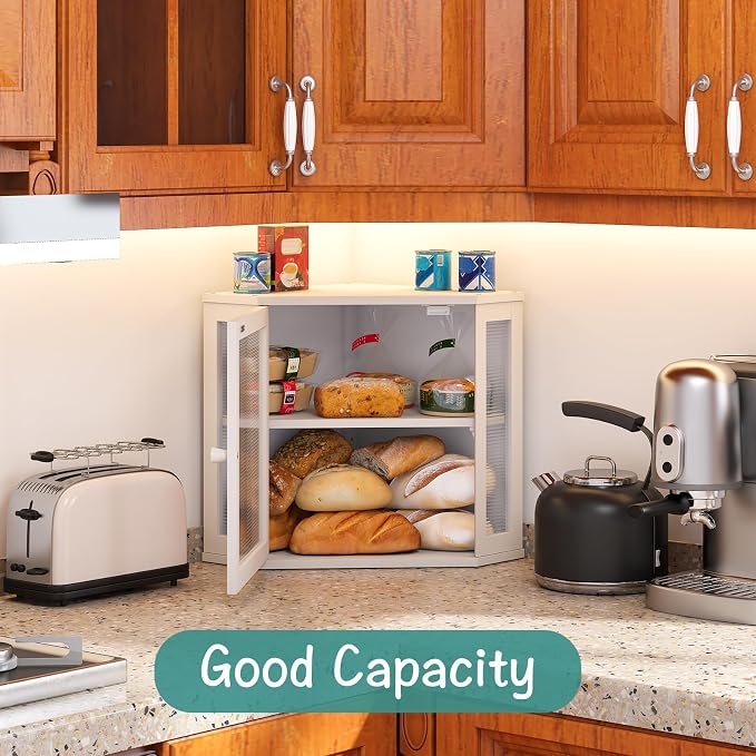 viewcare White Bread Box for Kitchen Counter, Bamboo Wood Large Capacity Bread Storage Bin with Acrylic Wavy Door Panel (White, Meduim)