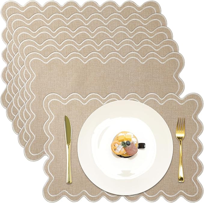 HunnmingRe Linen with Beige Set of 6 Cotton Linen Wedding Placemats, 13x19 Inch Scalloped Wavy Embroidery Placemat Double Layered Washable Rustic Rectangle Dinner Table Mat for Home Decor