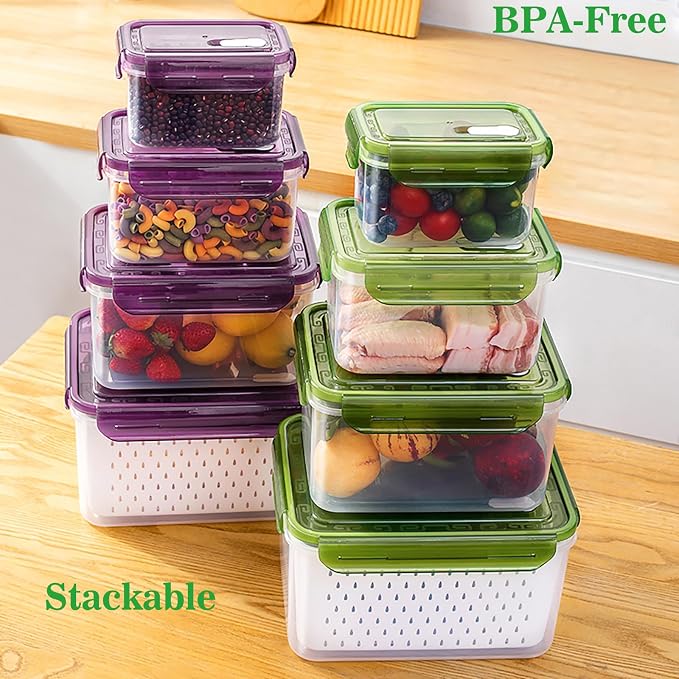 Fruit Storage Containers for Fridge with Removable Colander, Food Storage Containers with Lids, Dishwasher & Microwave Safe, Keep Berry Fruit Vegetable Meat Fresh Longer (Clear Body/Purple Lid)