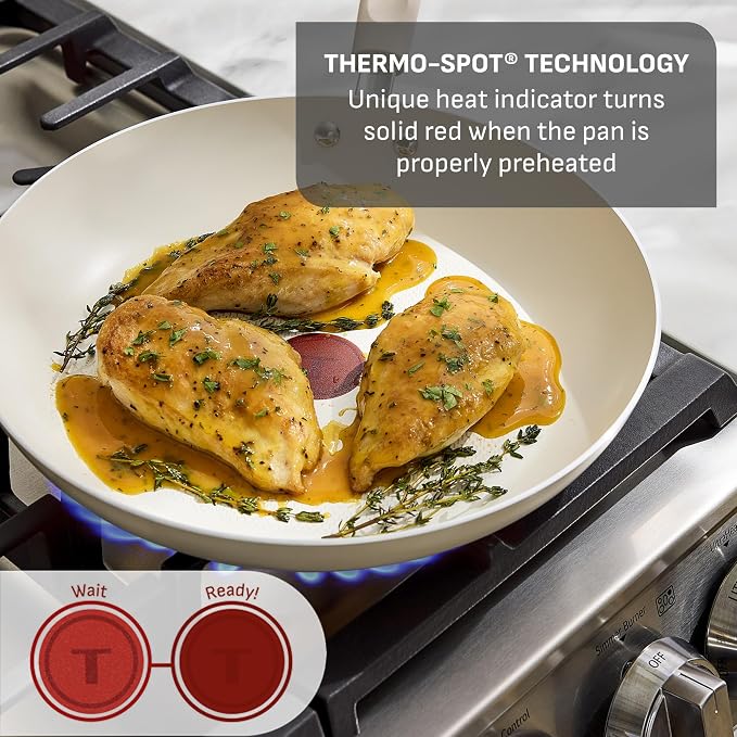T-Fal Signature Nonstick Frying Pan Skillet Set, 8 in and 10 in, Cream | 3x longer-lasting nonstick coating, Thermo-Spot heat indicator, Oven safe to 350 °F, Dishwasher safe, No induction
