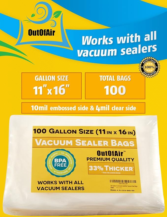 100 Vacuum Sealer Bags: Gallon Size (11" x 16") by OutOfAir Works With FoodSaver & Other Machines - 33% Thicker BPA Free, Commercial Grade, 11 x 16 inches