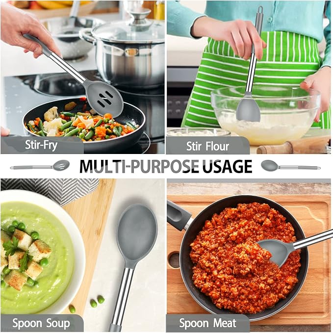 Large Silicone Cooking Spatulas and Spoons, BPA Free, 4 Pack (Grey) | Slotted & Solid Stainless Steel Cooking Utensils Set, Non-stick Heat Resistant Kitchen for Baking, Fried, Stir-Fry, Serving