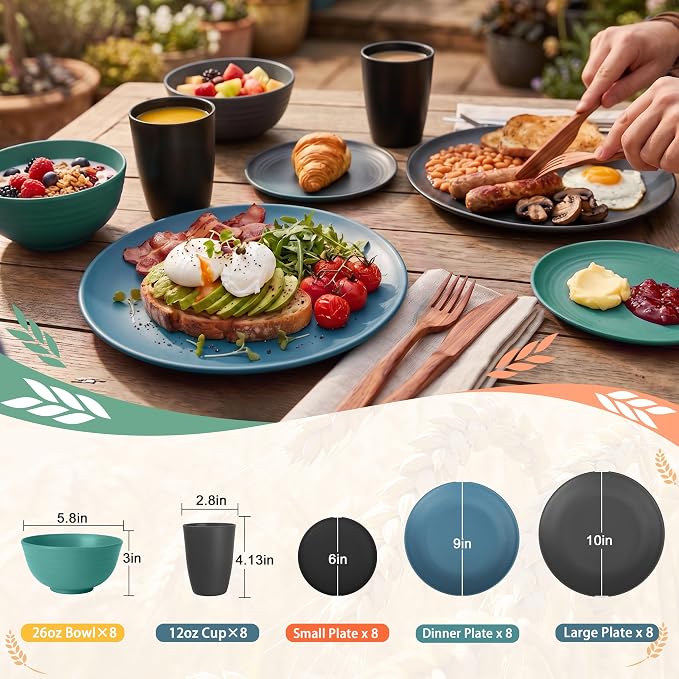 PYRMONT 40 Piece Unbreakable Plates and Bowls Sets for 8 Wheat Straw Dinnerware Set Lightweight Dishes Set Microwave & Dishwasher Safe,Apartment Essentials,New House,Family Gathering-Nightscape