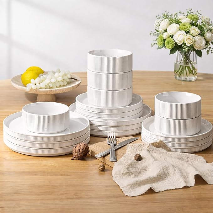 GBHOME Stoneware Dinnerware Sets for 4, 12 Pieces Plates and Bowls Set | Lightweight Ceramic Ribbed Dishes, Reactive Glaze Stackable Plate Set, Scratch Resistant, Microwave & Dishwasher Safe,White