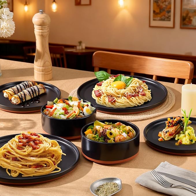 LIANYU 12 Pieces Porcelain Dinnerware Set, Dishes Set for 4, Charcoal Black | High-Fired Ceramic Plates and Bowls Set for 4, Chip & Scratch Resistant, Microwave Dishwasher Safe