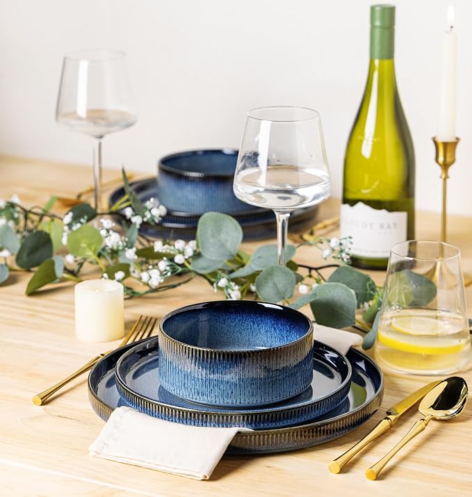 Ceramic Dinnerware Set for 4, 12-Piece Plates and Bowls Set | Lightweight Porcelain Dish Set, Scratch Resistant, Oven & Microwave & Dishwasher Safe, Starry Blue