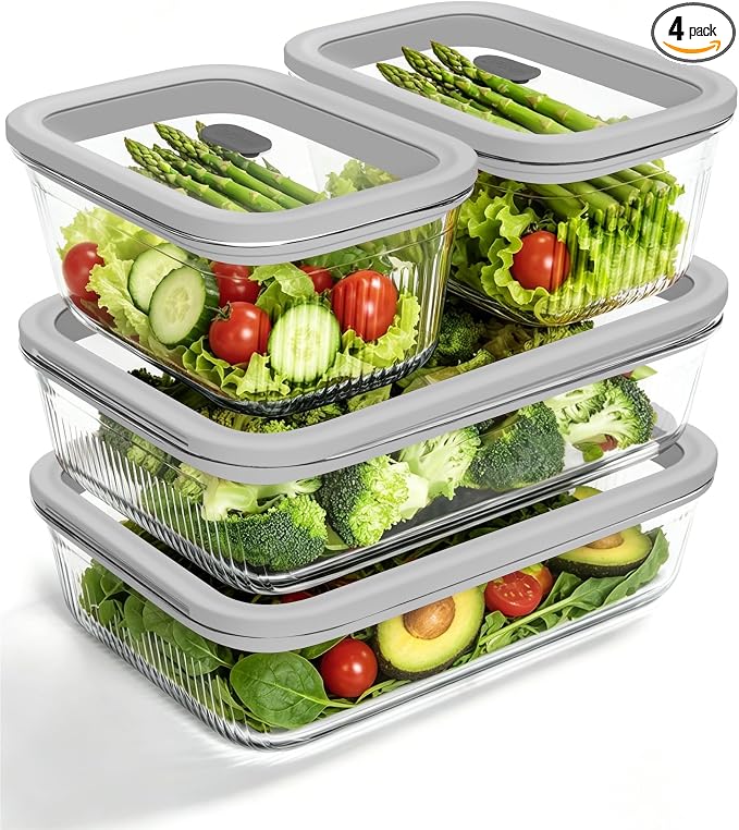 4-Pack Glass Food Storage Containers with Tempered Glass Lids, 2x 4.7 Cup & 2x 9.3 Cup, Airtight, Oven & Microwave Safe Borosilicate Glass (-4°F to 950°F)