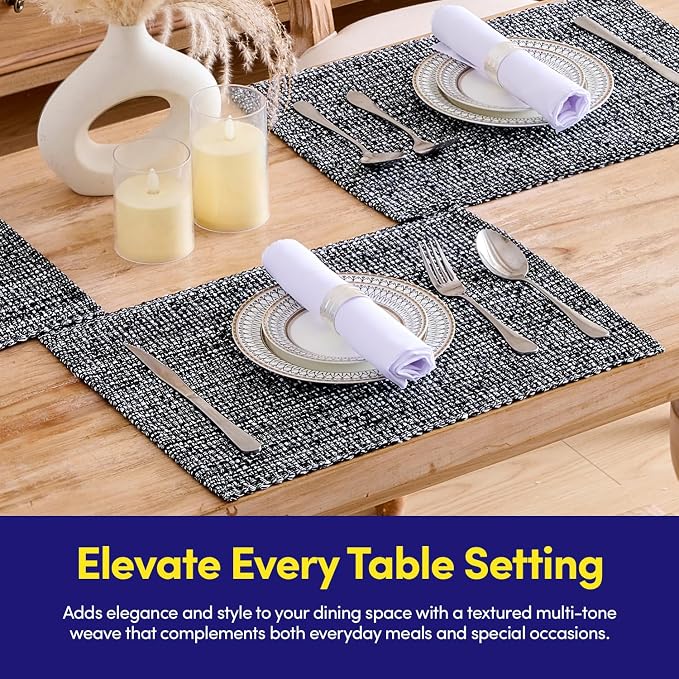 Sweet Home Collection 100% Cotton Placemats for Dining Room Rectangle Two Tone Woven Fabric 13" x 19" Soft Durable Table Mat Set, Set of 6, Black