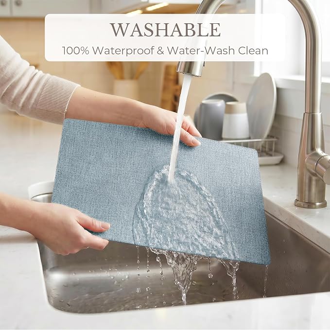 Romanstile Vinyl Placemats Set of 8-12 X 18 Inch - Heat Resistant Place Mats 100% Waterproof Oilproof Wipeable Reversible Faux Leather Table Mats for Kitchen/Dining/Party/Outdoor, Sky Blue