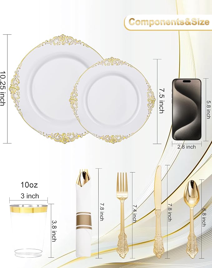Nervure 175Pcs Gold Plastic Plates, Disposable Dinnerware Set for 25 Guests | 25 7.5" Dessert & 25 10.25" Dinner Plastic Plate, 75 Silverware, 25 Cups, 25 Napkin for Wedding & Party, BPA-free, Heavy-duty