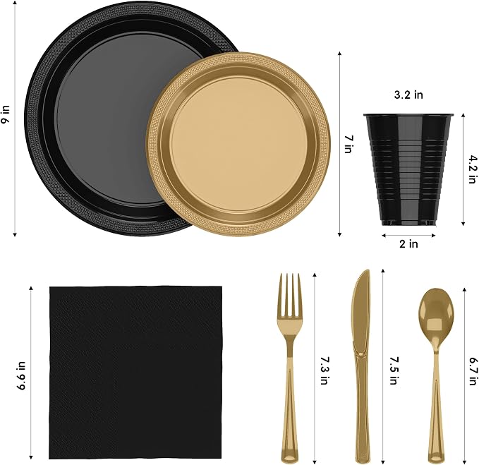 350 Pcs Black & Gold Plastic Plates For Party, Black & Gold Disposable Plates Set, 50 Of Each 9" Dinner Plate Set, 7" Dessert Plate, Cups, Napkins & Cutlery Plastic Dinnerware Exquisite
