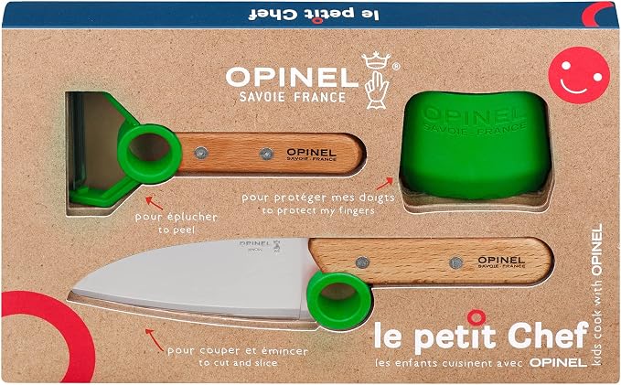 OPINEL Le Petit Chef Children Kitchen Set, Chef Knife, Guard, Peeler, Green