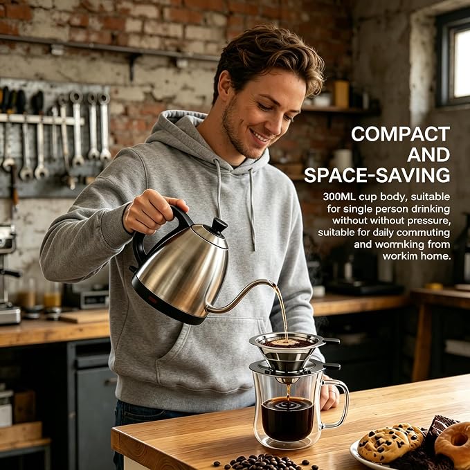 2-in-1 Immersion & Pour Over Coffee Maker, 300ml Single Serve Coffee Brewer with Reusable 600-Mesh Stainless Steel Filter, Double-Wall Glass Coffee Cup for Richer Extraction & Faster Brewing