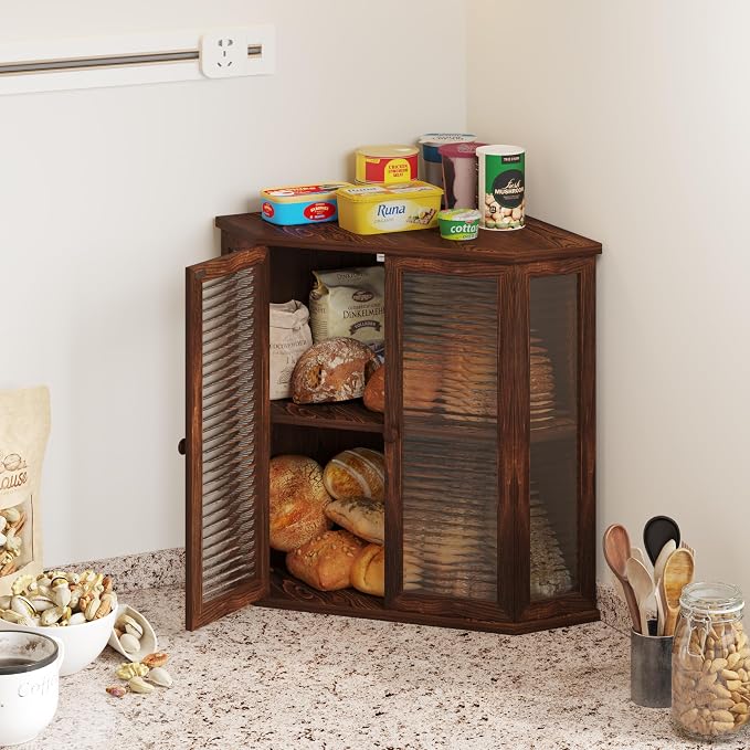 Corner Bread Box for Kitchen Counter, 16.7 Inch Extra Large 2-Tier Farmhouse Bread Box with Natural Pine Wood Grain, Dual Wave Glass Doors and Adjustable Shelf(Pine Wood)