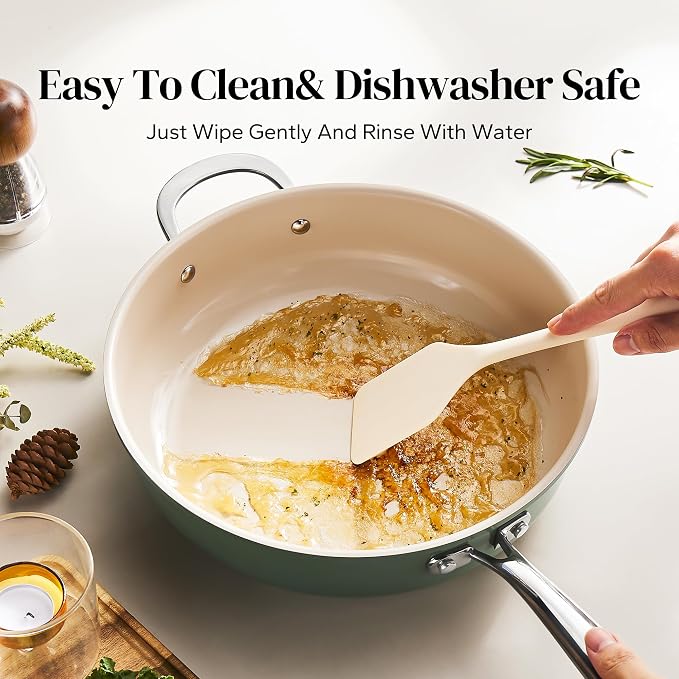 Redchef Ceramic Saute Pan with Lid, Nonstick Deep Frying Pan, 5QT Jumbo Cooker with Helper Handle & Lid, Non Toxic Ceramic Cooking Pan, Chef Pan, Dishwasher & Oven Safe, PFAS PFOA & PTFE Free（Green）