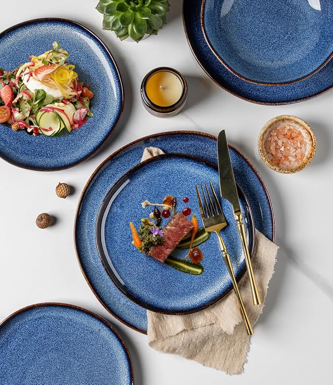 GBHOME Stoneware Dinnerware Sets for 8,24 Piece Rustic Plates and Bowls Set | Earthenware Handmade Reactive Glaze Plate Sets, Chip Resistant Ceramic Dishes, Microwave & Dishwasher Safe, Sea Blue