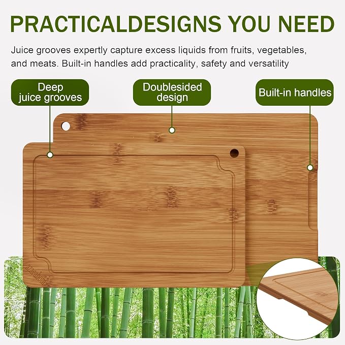 3-Piece Bamboo Cutting Board Set Serving Tray Juice GroovesHandles | Ideal for Meat Vegetables Fruit,Easy Storage & Quick Clean,Natural Wood Construction,Dual-Purpose as Serving Tray