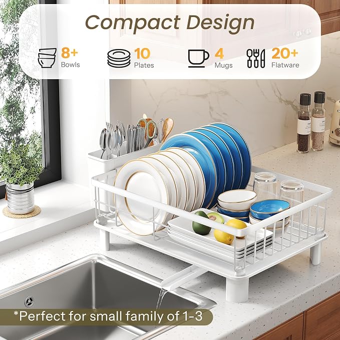 SNTD Dish Drying Rack for Small Kitchen Counter, 11" W x 15" L, White | Space Saving, Rotating Spout & Angled Drainboard for Quick Drainage, Stainless Steel, Removable Utensil Holder